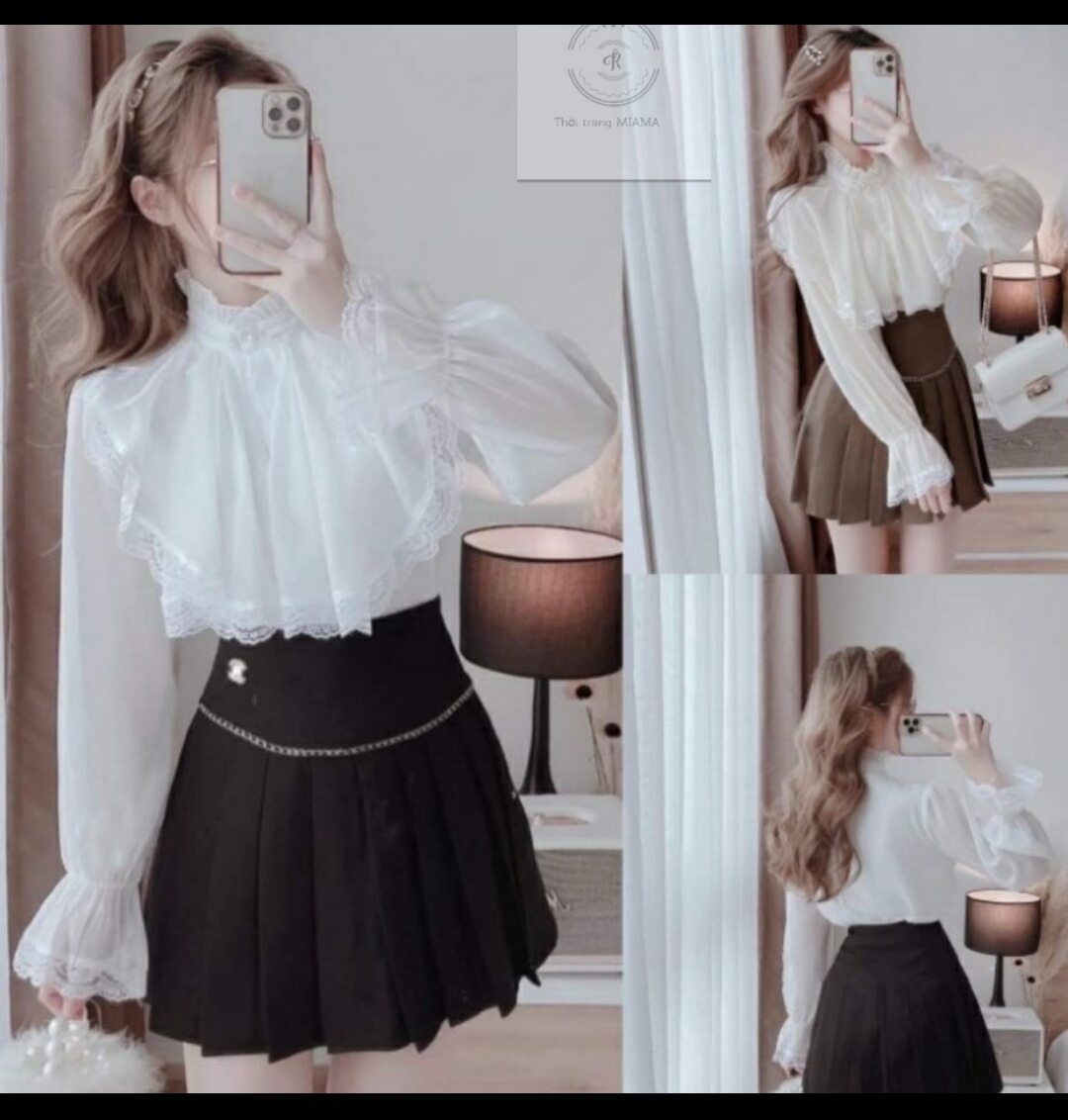 Áo sơ mi nữ tiểu thư pha ren dáng bánh bèo cổ trụ mới dài tay bồng vải voan
