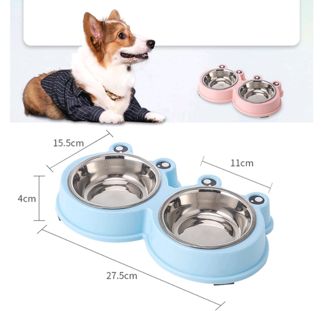 Bát ăn cho chó mèo 2 ngăn lòng inox hình ếch