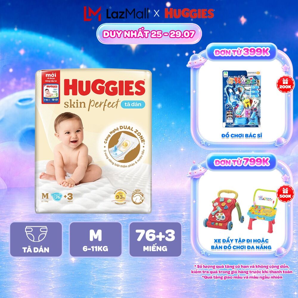 Tã/Bỉm Dán Sơ sinh Huggies Skincare Super Jumbo M76+3/L68/XL60/XXL54 Với 2 Vùng Thấm Giảm Kích Ứng Da