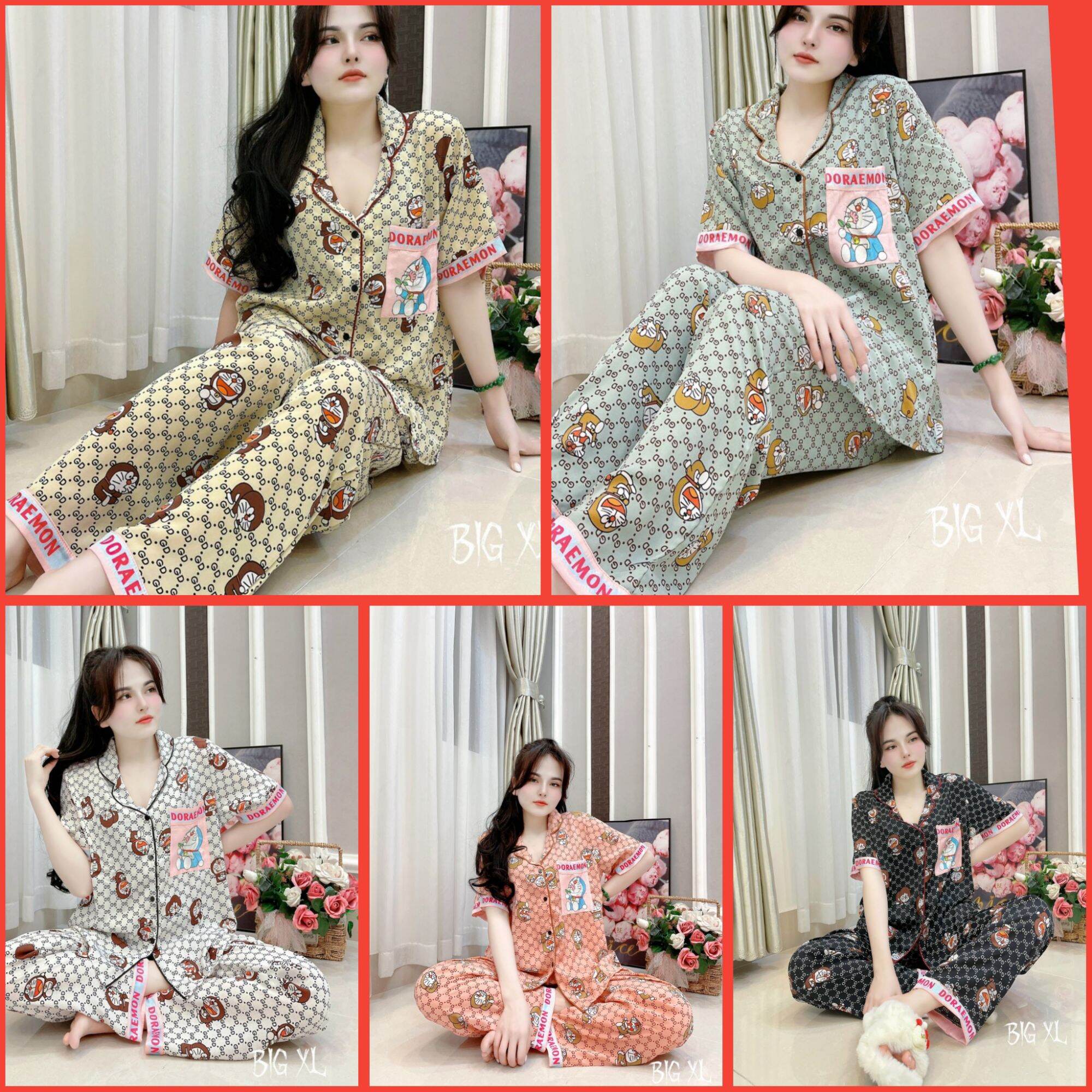 Bộ pijama Doremon áo cộc quần đùi chất lụa xước cao cấp mịn,sang trọng,  thiết kế 5D hình siêu đẹp | Lazada.vn