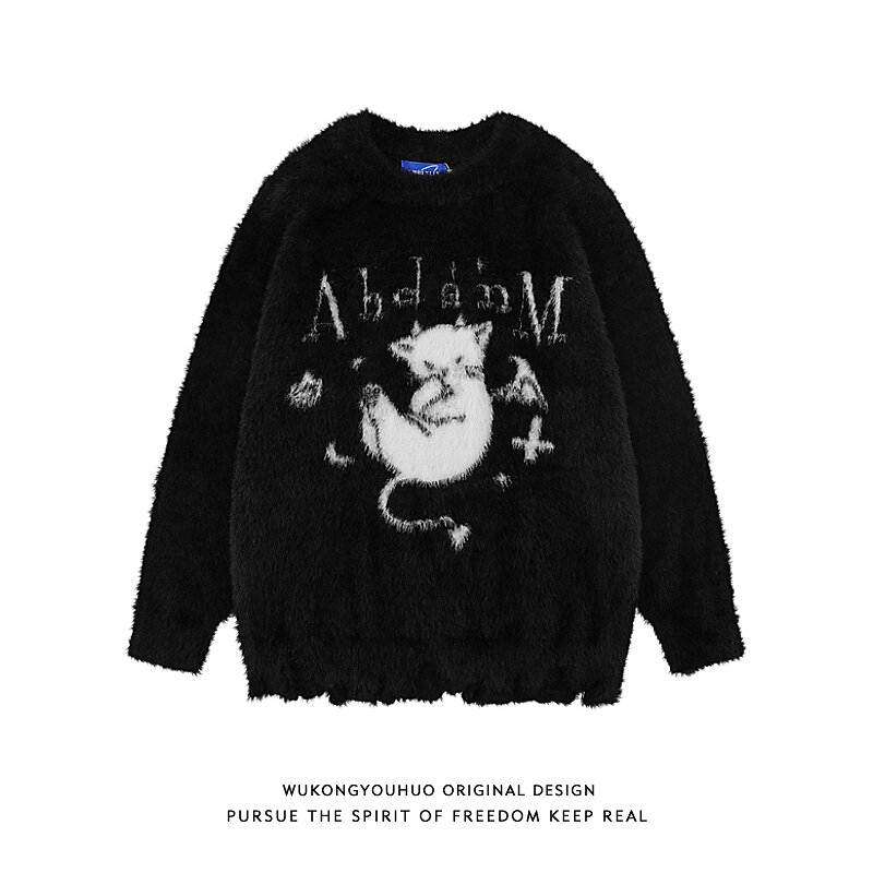 Quần Áo Knitwear Lỏng Lẻo Đôi Phong Cách Retro Mỹ Devil Cat Hole