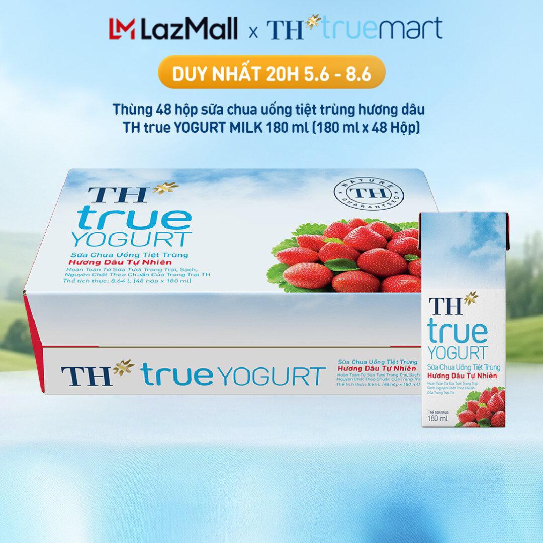 Thùng 48 hộp sữa chua uống tiệt trùng TH true YOGURT hương dâu tự nhiên 180 ml (180 ml x48)