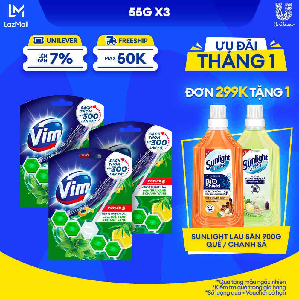 Combo 3 Viên treo bồn cầu VIM Power 5 hương Trà Xanh Chanh Vàng 55G x 3