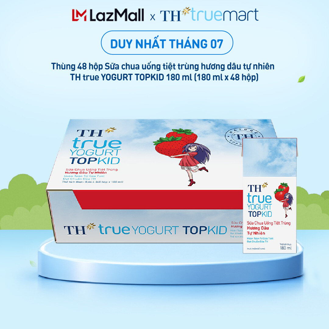 Thùng 48 hộp sữa chua uống tiệt trùng TH true YOGURT TOPKID hương dâu tự nhiên 180 ml (180 ml x 48)