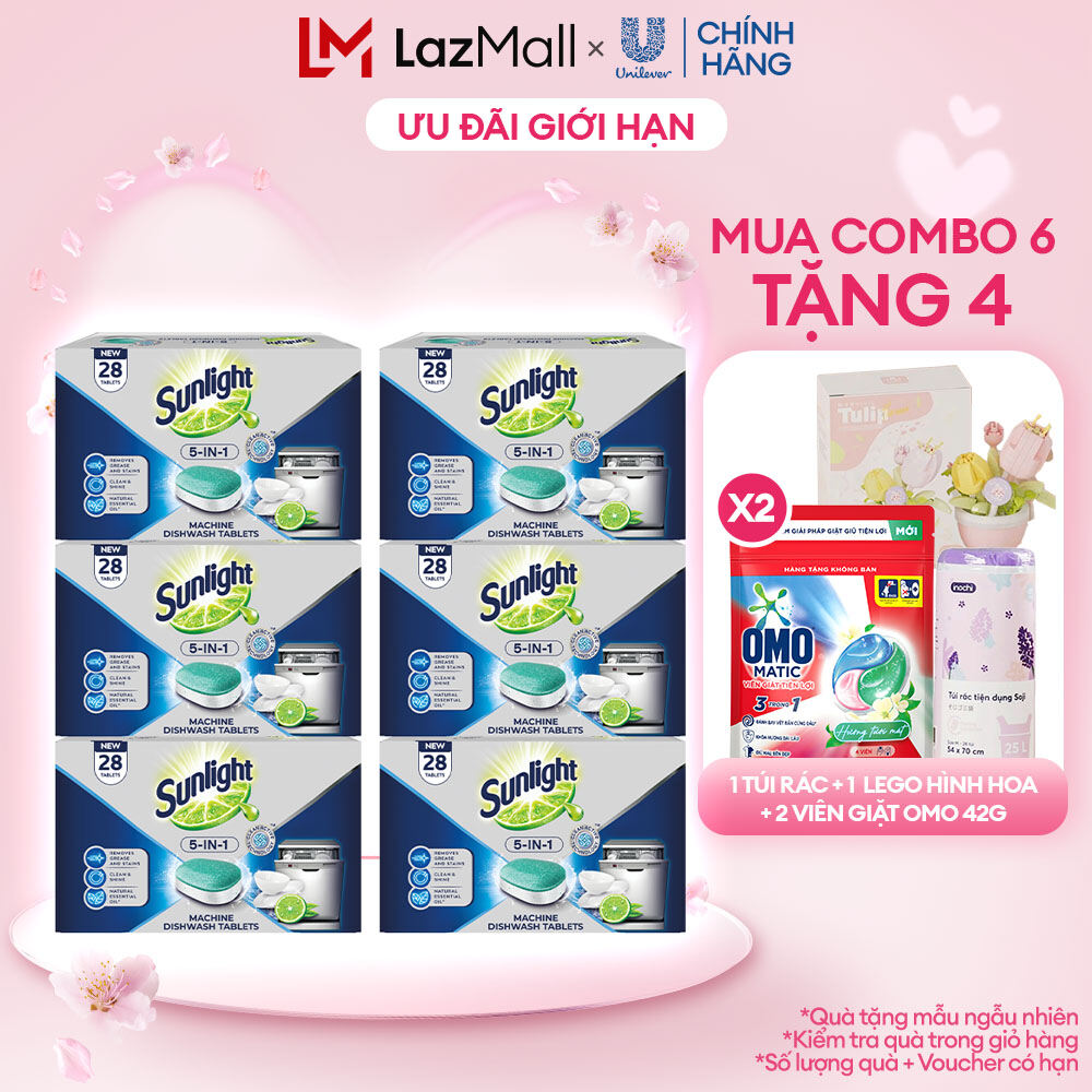 Combo 6 hộp Viên Rửa Chén Bát SUNLIGHT 5 in 1 Cho Máy Rửa Chén Bát (28V/hộp) (bao bì tùy lô nhập hàn