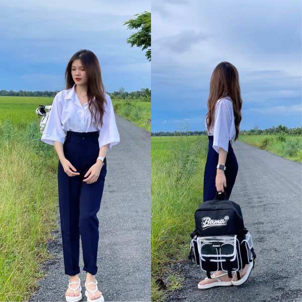 Set quần tây xanh đen đáy cao mã 09,áo sơ mi trắng gạo đi học