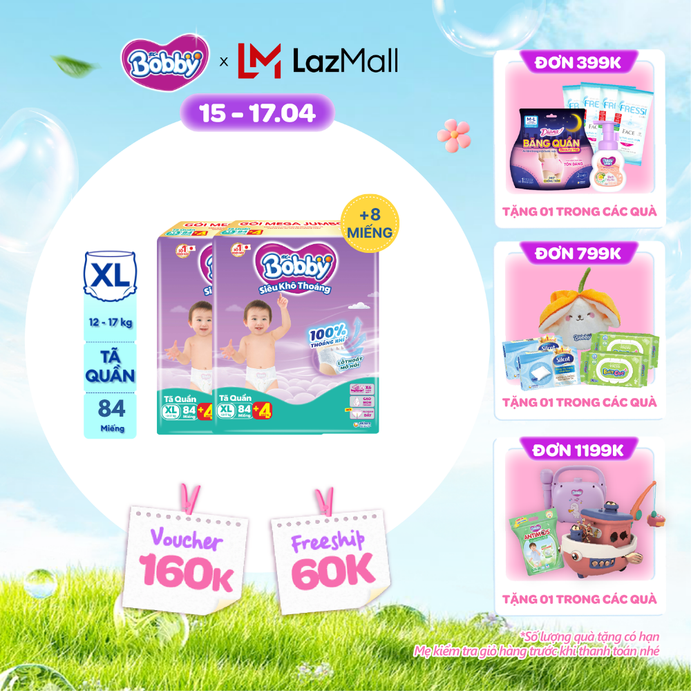 [CHỈ 18-24.04 QT Đơn 899K/1199K][TẶNG MIẾNG NGẪU NHIÊN] Combo 2 Tã/bỉm quần Bobby 3mm Mega Jumbo Gạo non Giảm nhiệt XL84