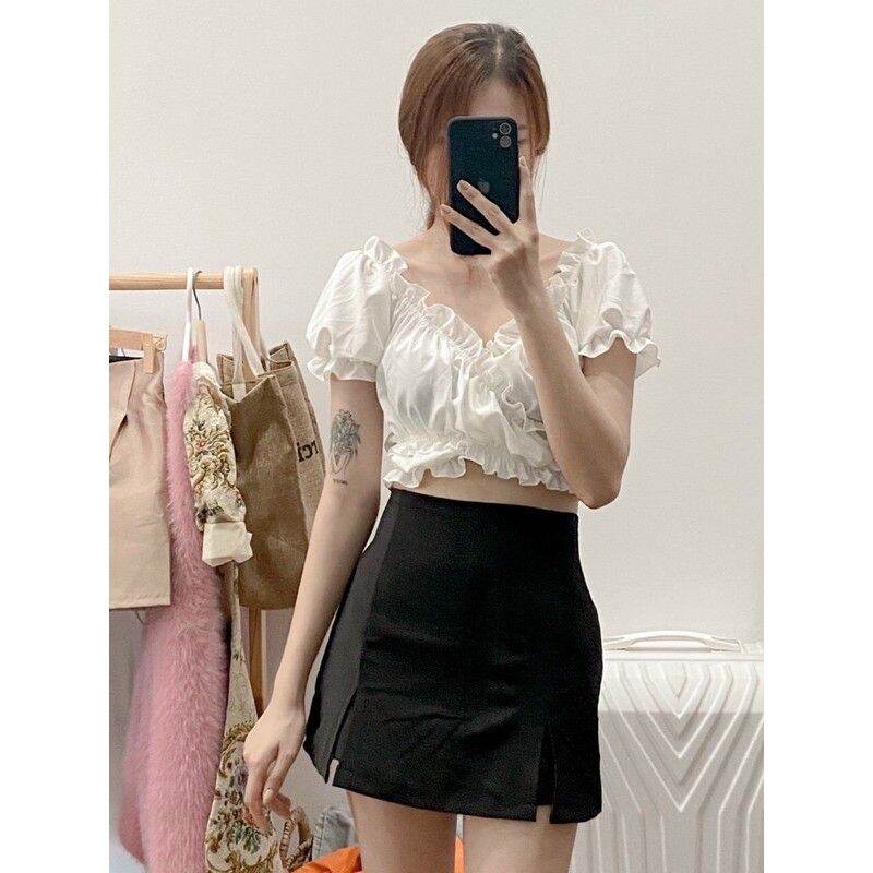 [HCM]Áo kiểu nữ form croptop chất kate lụa nhún dây cột eo