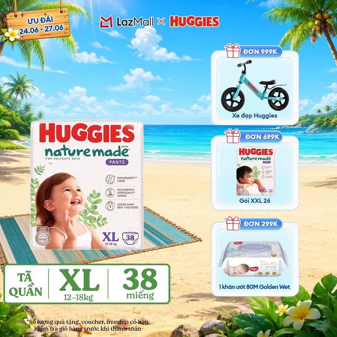[Chỉ 25-29.06 QUÀ TẶNG ĐƠN 399K](Mua 1 tặng 1) Tã/Bỉm quần HUGGIES PLATINUM NatureMade XL38 (12-18kg)-Gói Jumbo 38 miếng
