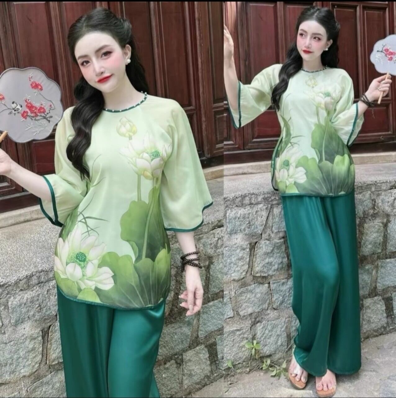 Sét lam cổ tròn nút ngọc chất lụa voan tơ ánh kim