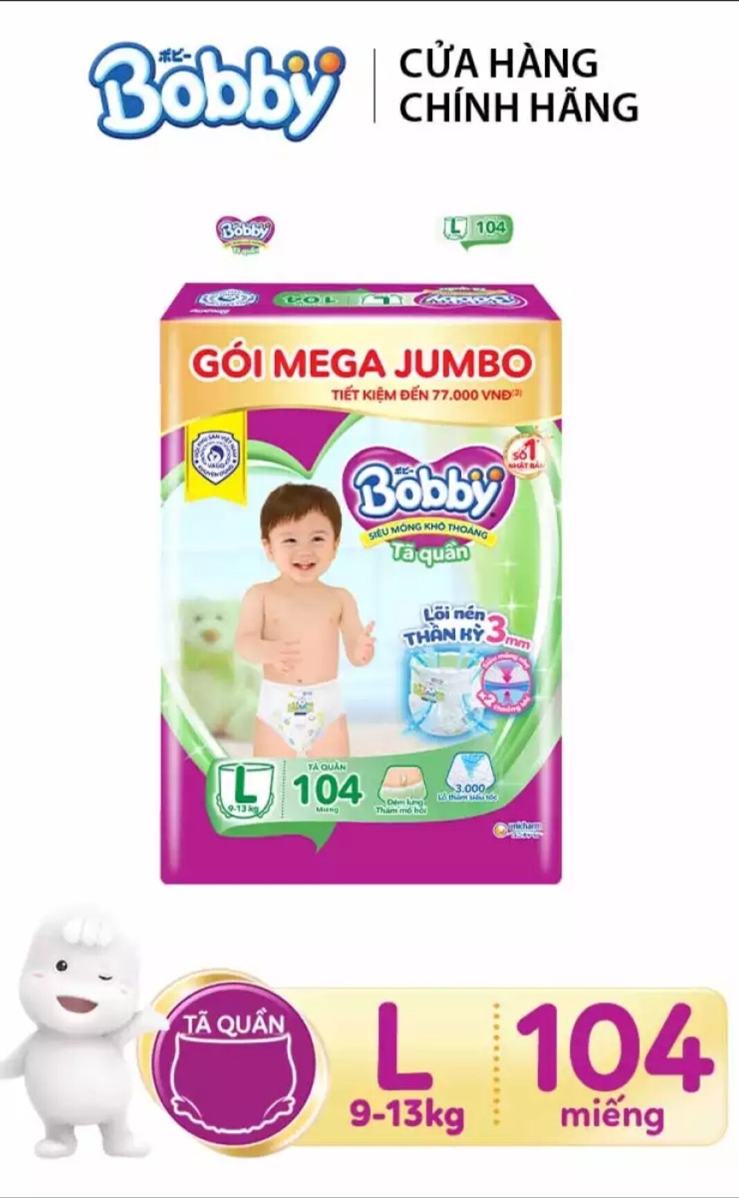 Tã bỉm quần Bobby L 104 miếng mẫu mới. Date 2026