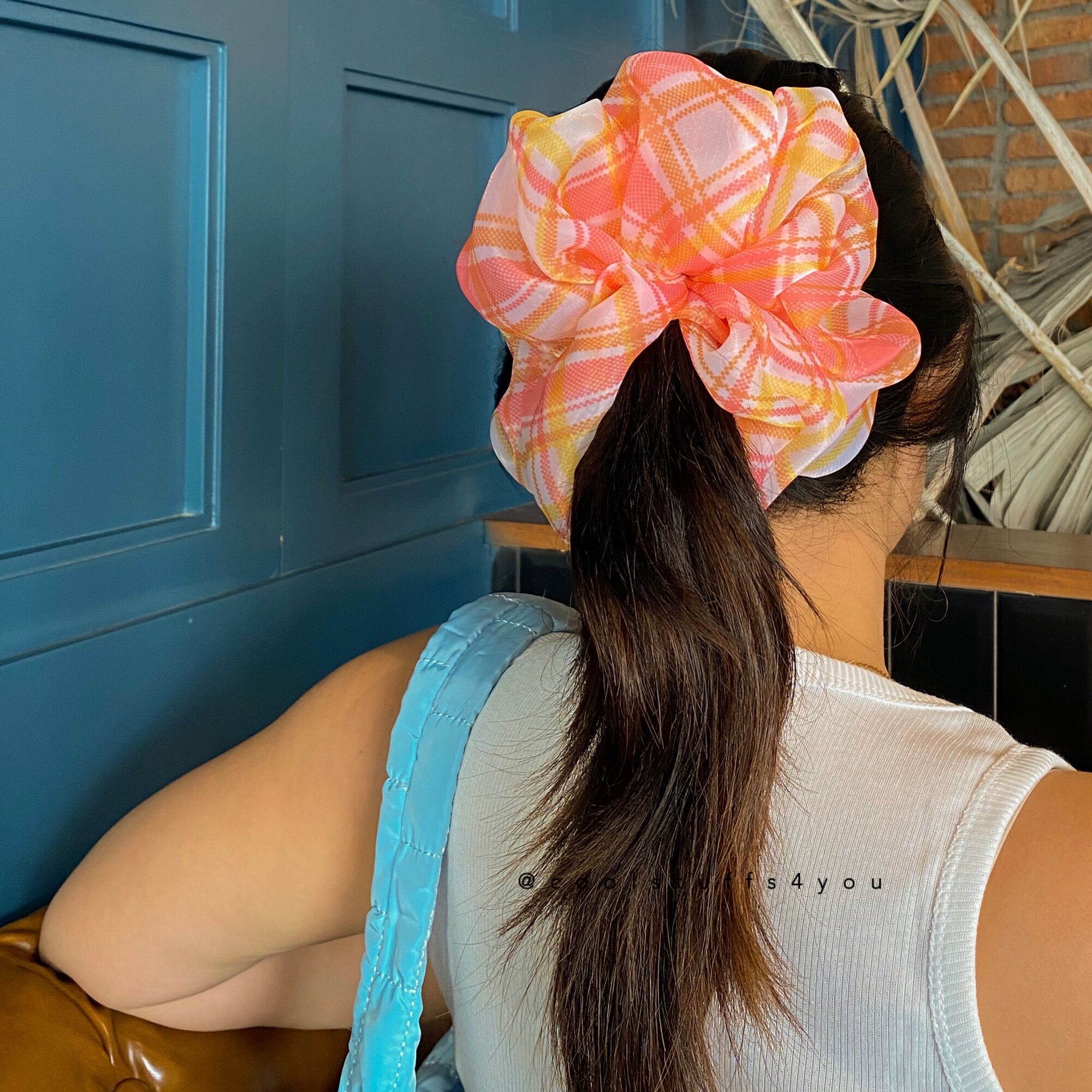 Buộc Tóc Scrunchies Voan Phồng Sọc Kẻ Cam🧡