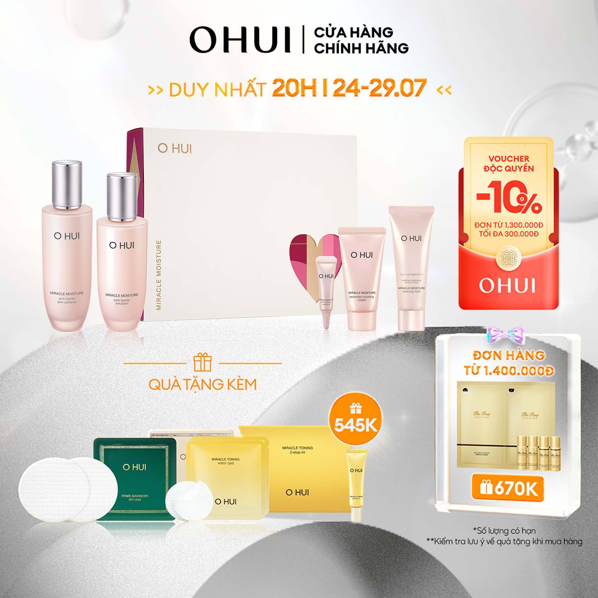 Bộ dưỡng ẩm căng mượt sáng da toàn diện 5 món OHUI Miracle Moisture Pink Barrier Set 349ml