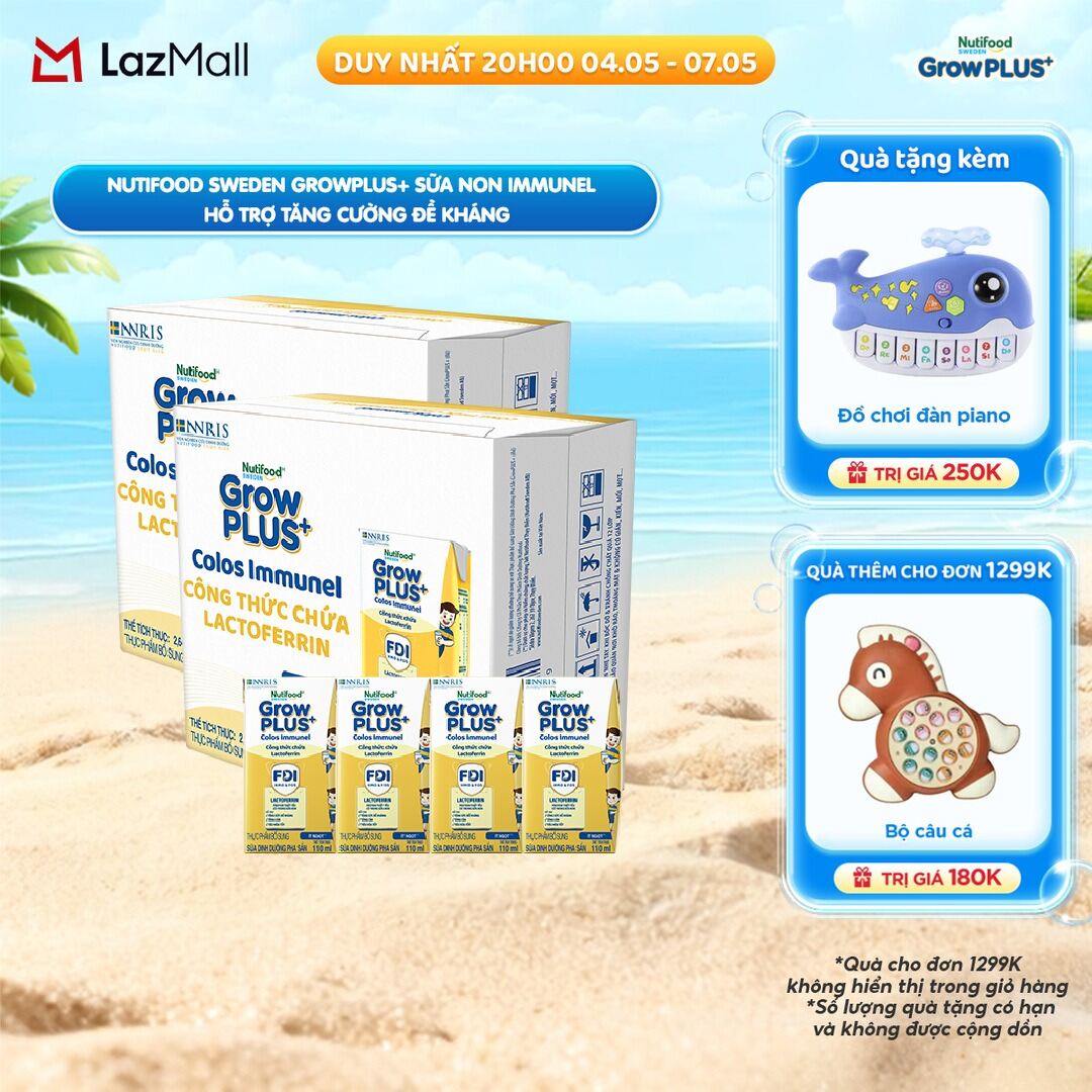 Combo 2 Thùng 24 Hộp Sữa Bột Pha Sẵn Nutifood Sweden GrowPLUS+ Sữa Non Immunel hộp 110 ml (Bao bì tuỳ lô hàng)