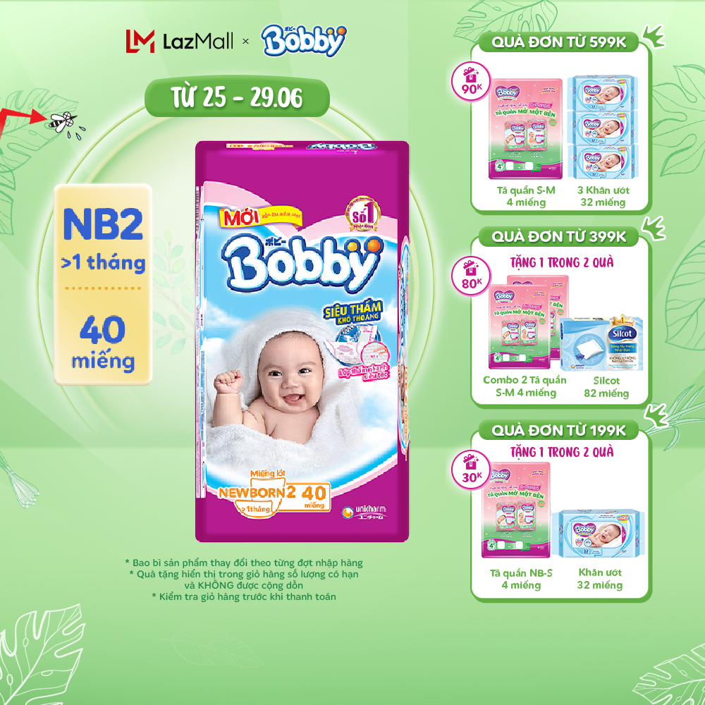 Miếng lót sơ sinh Bobby Newborn NB2 - 40 miếng - Siêu thấm khô thoáng [Bao bì thay đổi theo từng đợt nhập hàng]