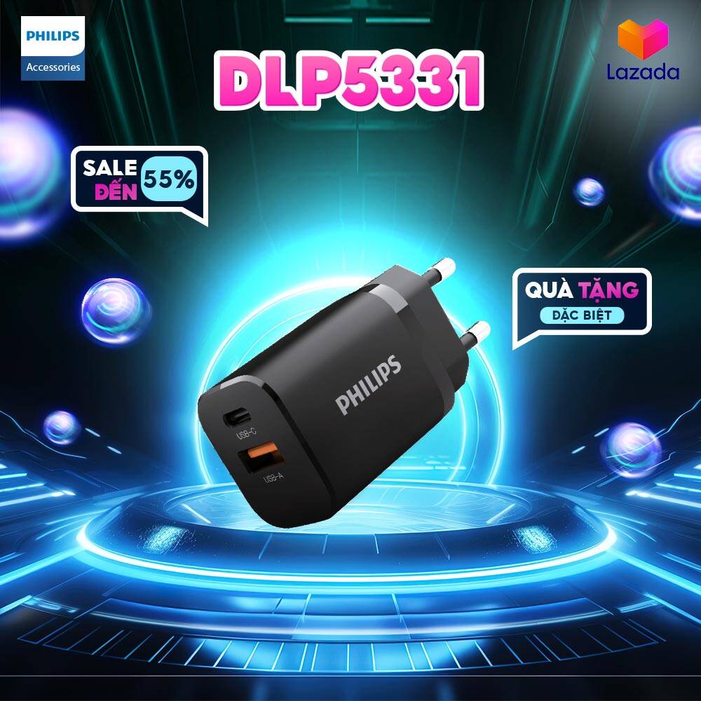 Củ sạc philips dlp5331, 2 cổng: 1 usb-a 18w + 1 usb-c hỗ trợ sạc nhanh pd 30w
