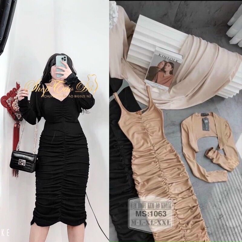 SET đầm body nhún kèm áo khoát tay dài điệu đà