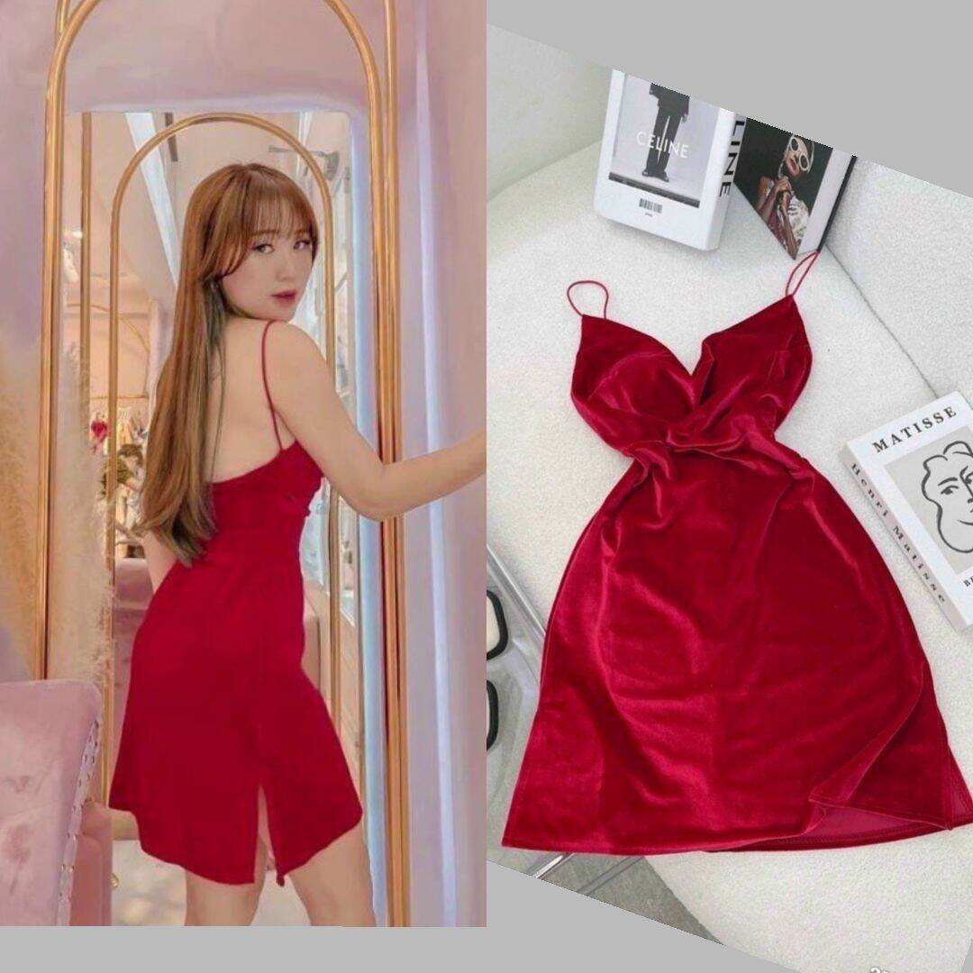Đầm nhung 2 dây bún ngắn xẻ tà