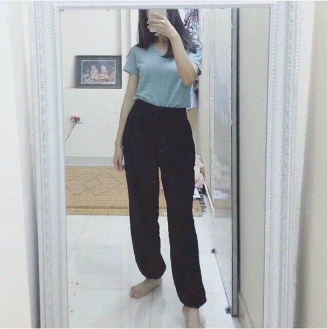 [Chất Đẹp] Quần lanh dài bo gấu đen trơn,lanh lụa mềm mát