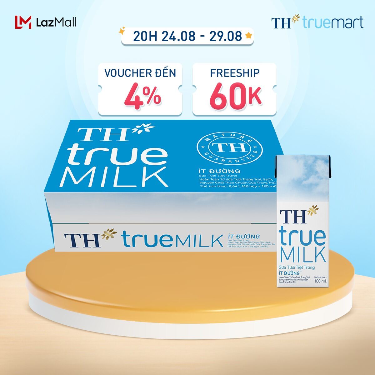 Thùng 48 hộp sữa tươi tiệt trùng th true milk ít đường 180 ml