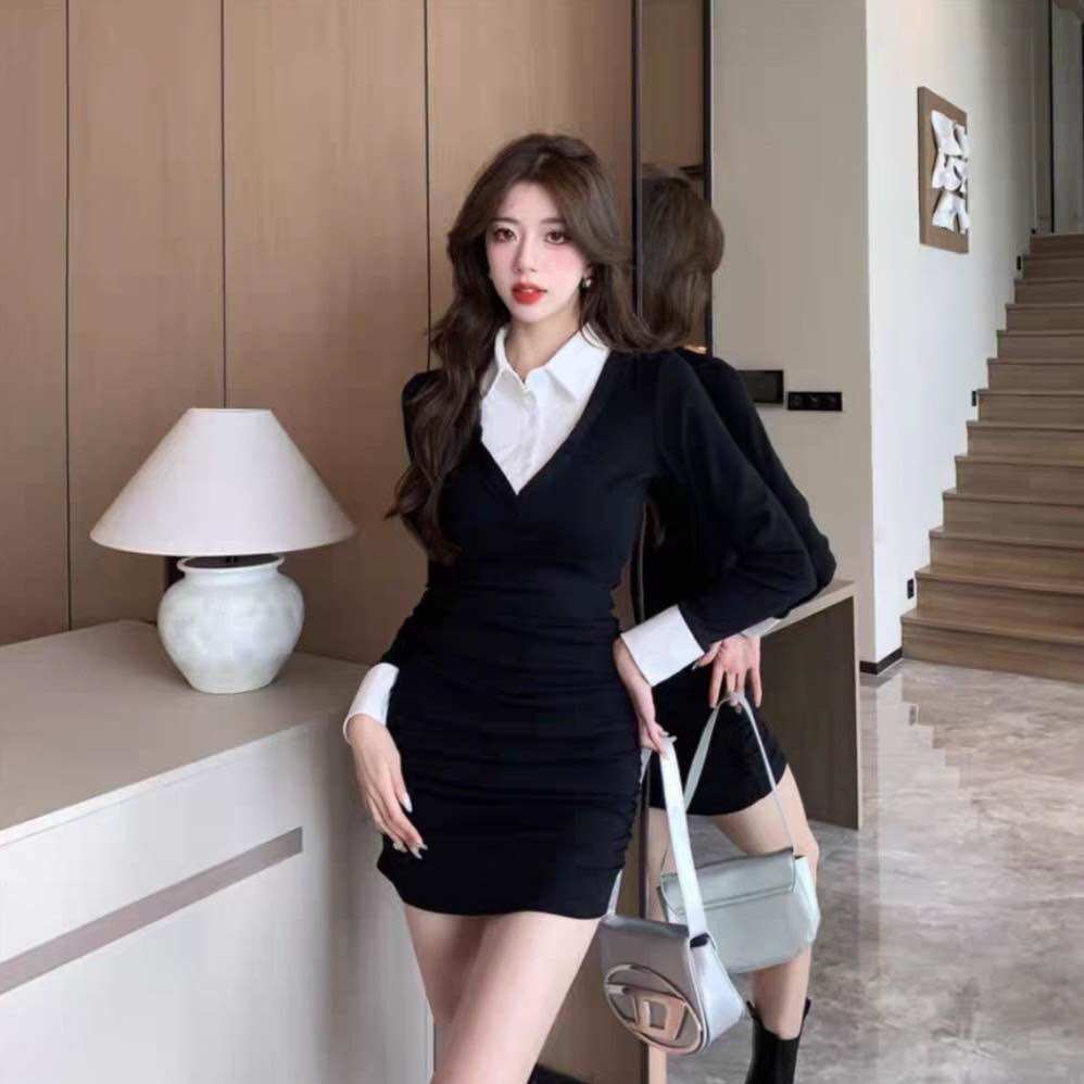 Đầm body đen phối cổ sơ mi DPSM9