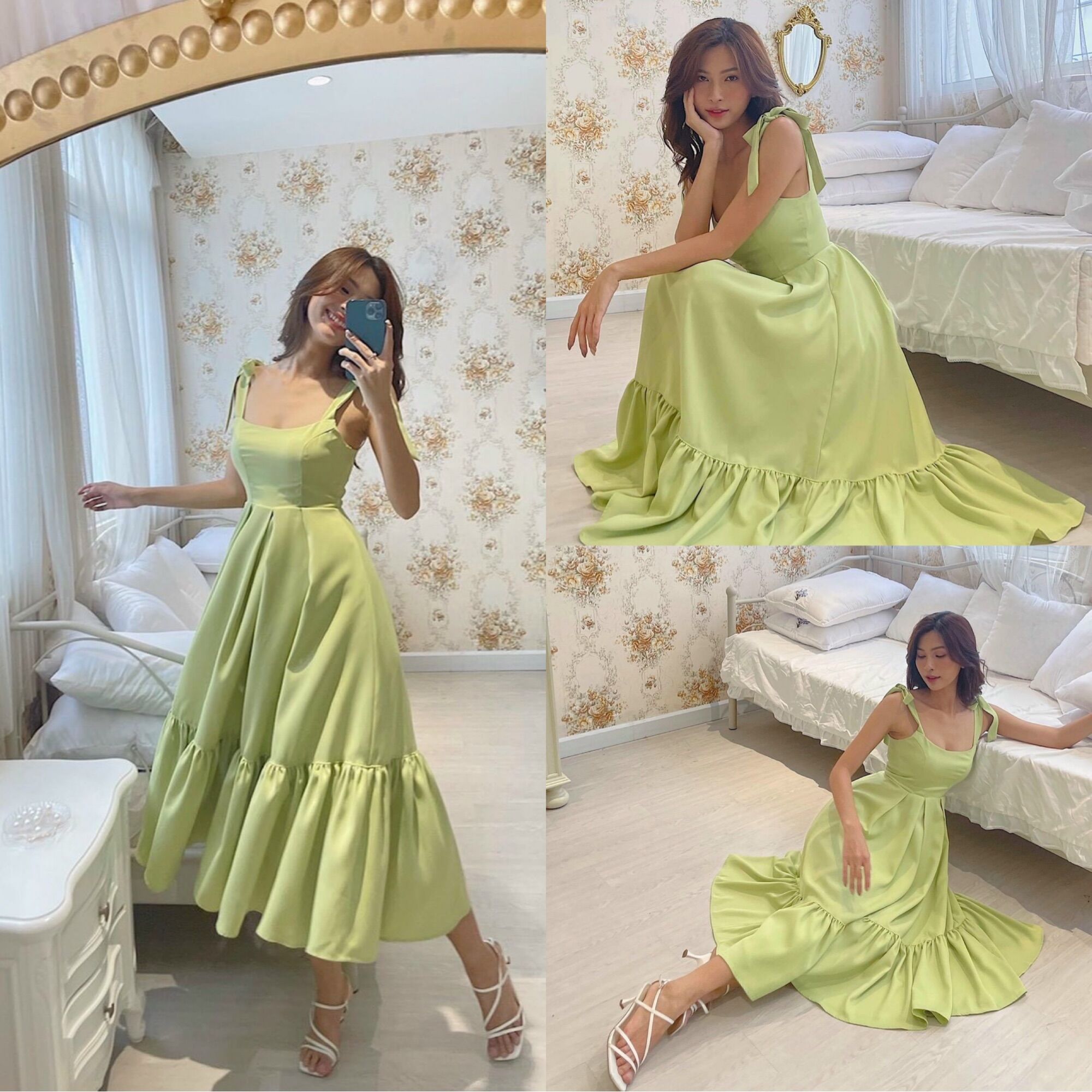 Đầm maxi xanh bơ hai dây cột nơ đi biển du lịch