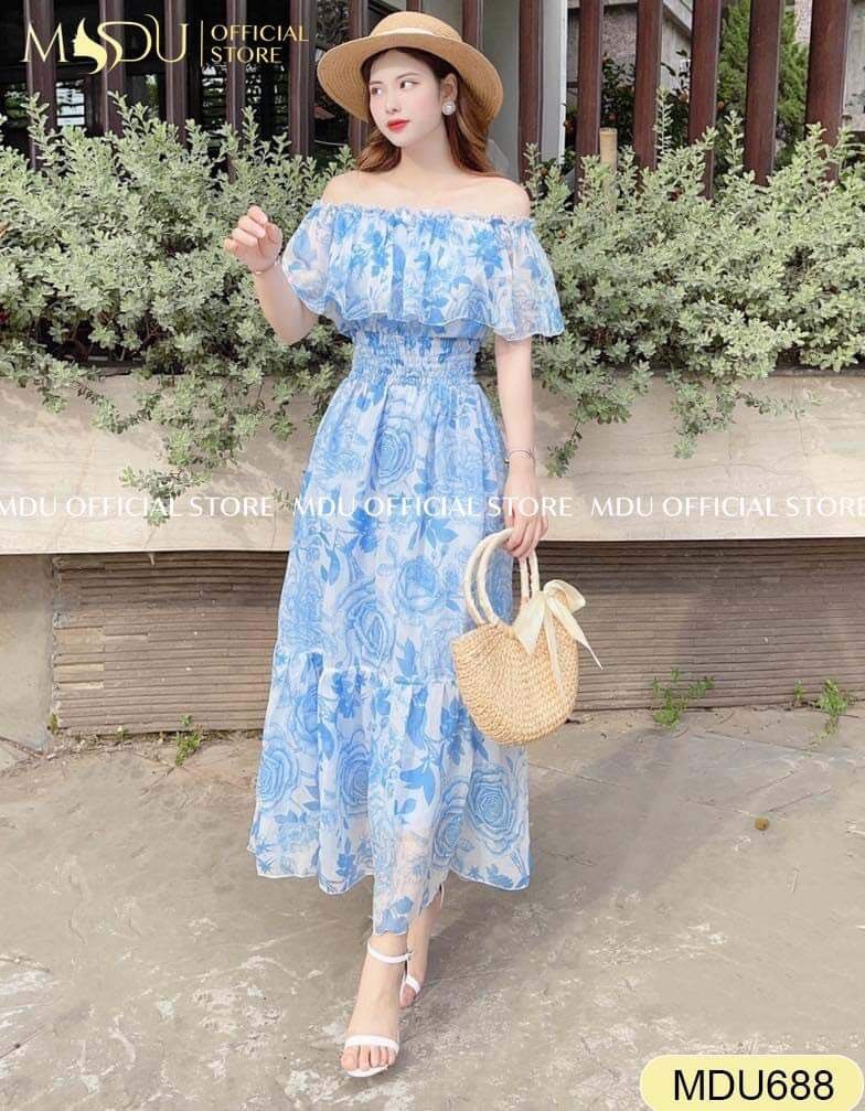 Đầm maxi bệt vai hoạ tiết hoa lá. Đầm maxi voan bệt vai nối tầng có lót kèm mút