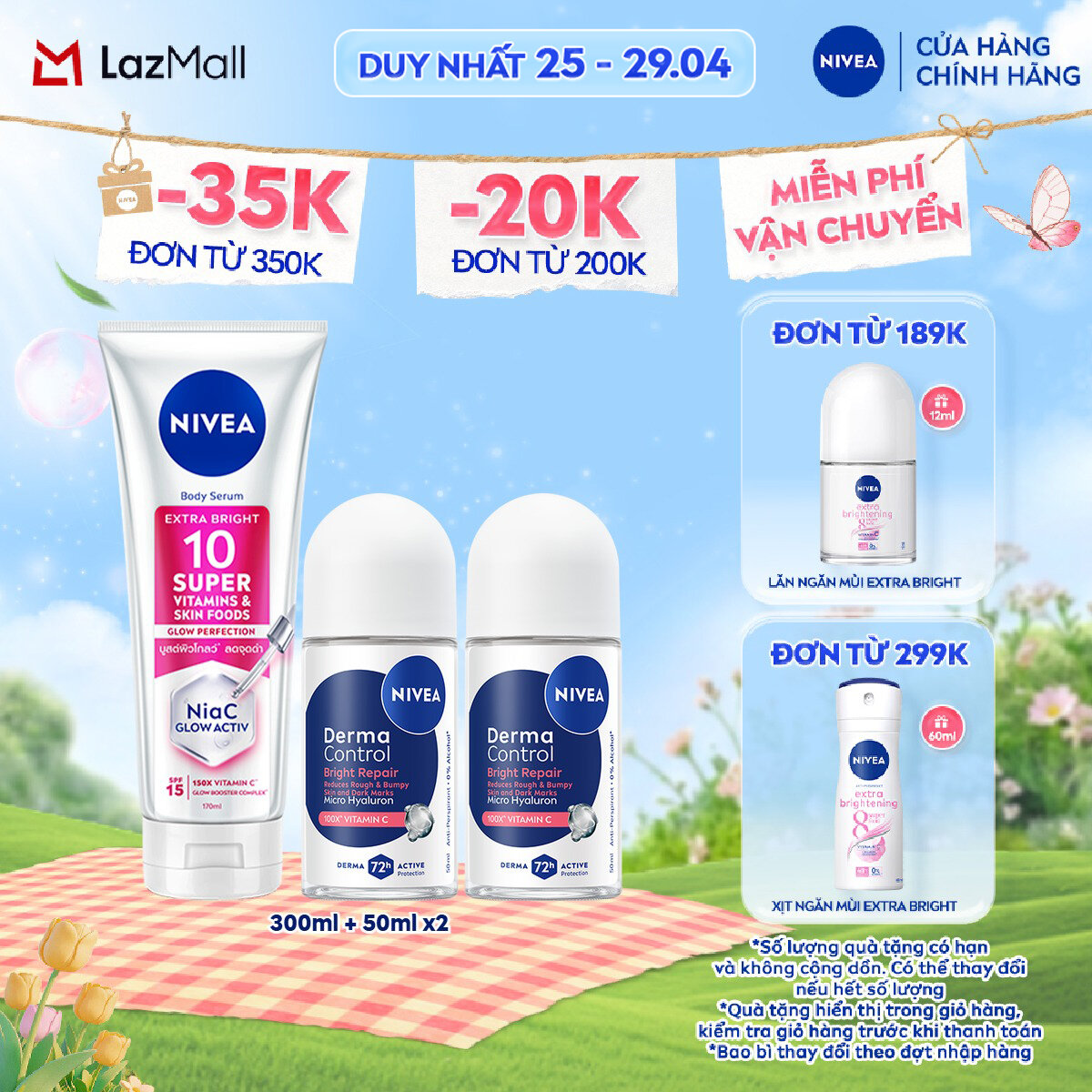 Bộ Serum Dưỡng Thể NIVEA 10 Super Vitamins  Skin Foods Sáng Da 300ml và 2 Lăn Khử Mùi NIVEA Derma Control Dưỡng Sáng Đều Màu Da 50ml x2