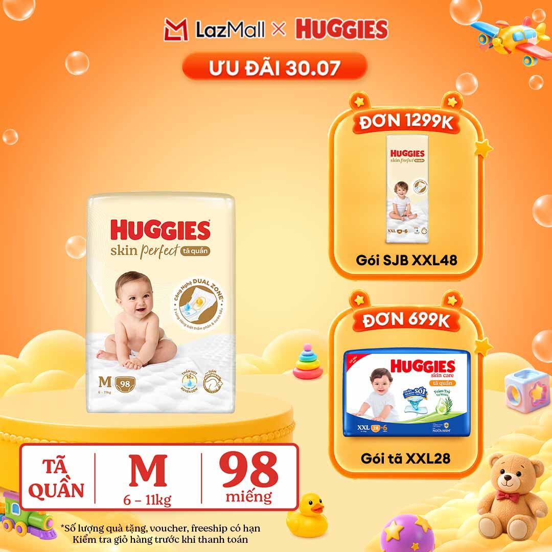 [30.7 QUÀ TẶNG ĐH 699K]  Tã quần Huggies Skin Perfect M size Mega Jumbo 98+4 miếng