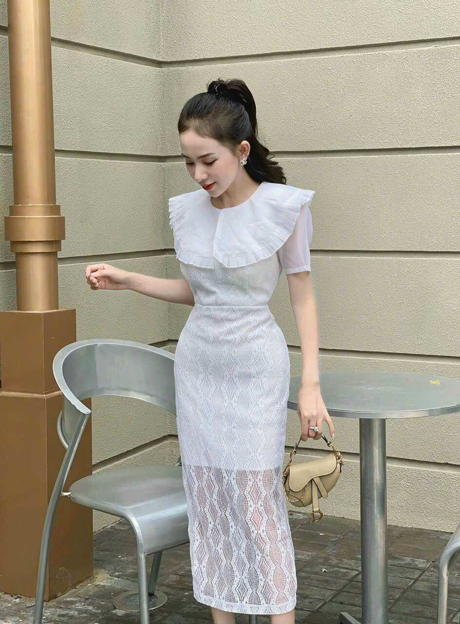 Đầm ren dự tiệc cổ bèo,váy ren dự tiệc( ảnh mẫu mặc thật)