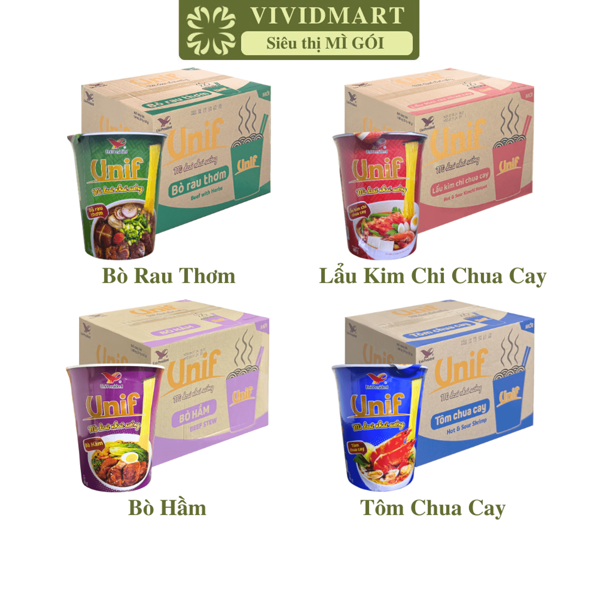 - uni-president - mì unif ly 4 vị: bò rau thơm, lẩu kim chi chua cay, tôm chua cay, bò hầm - unif mì ly