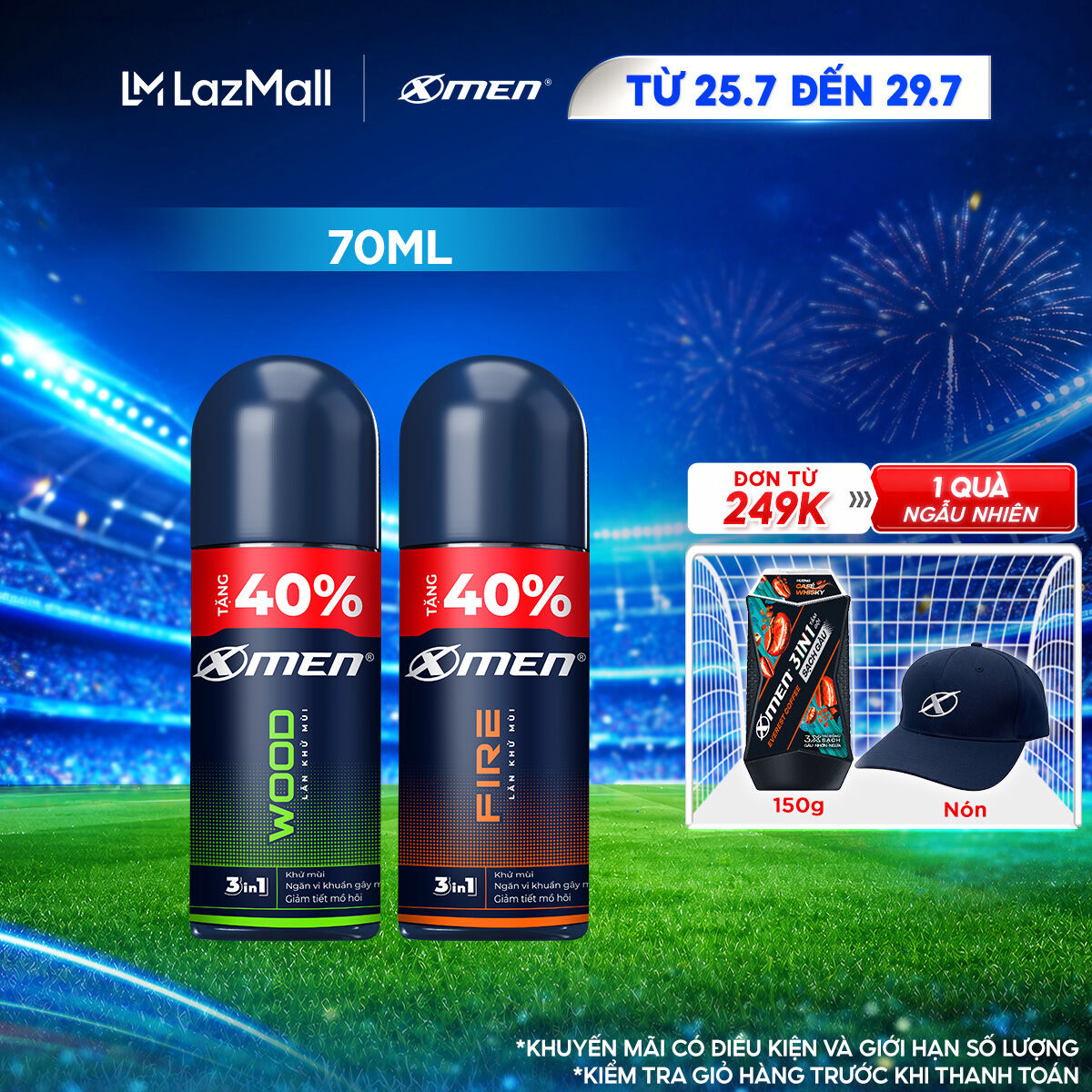 [TĂNG 40% DUNG TÍCH] Lăn khử mùi Xmen Wood/Fire 70ml/chai - Hương thơm nam tính