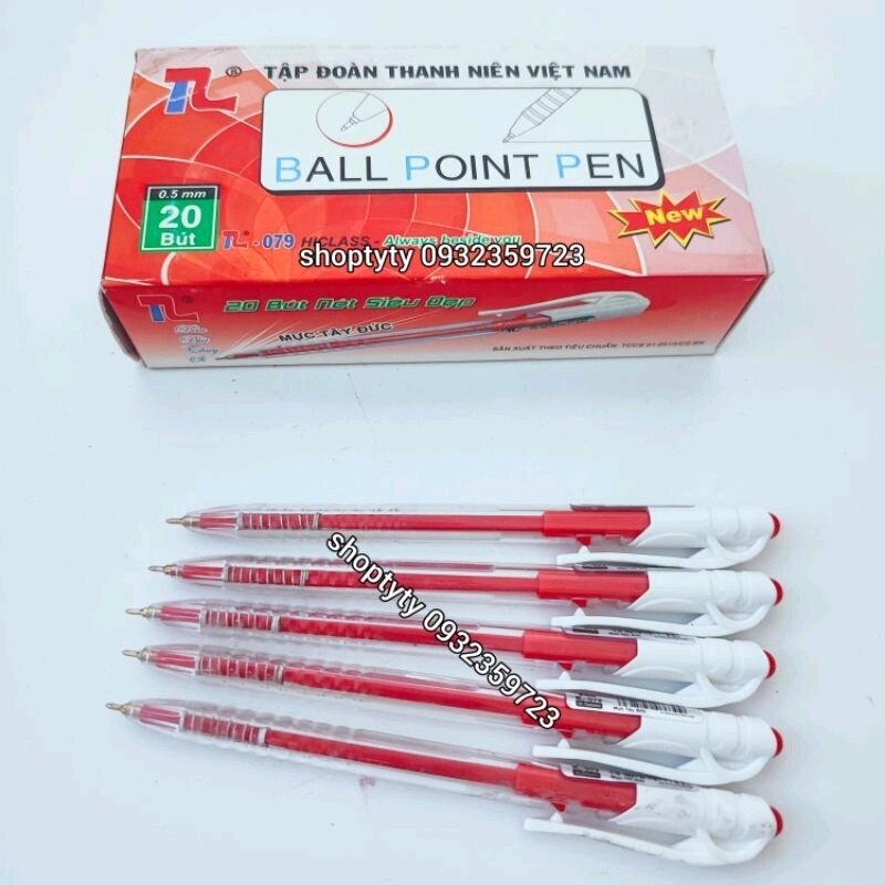 1 Hộp 20 Cây Viết/Bút Bi Xanh, Đỏ, Đen TL 079 Đầu Bút 0.5mm