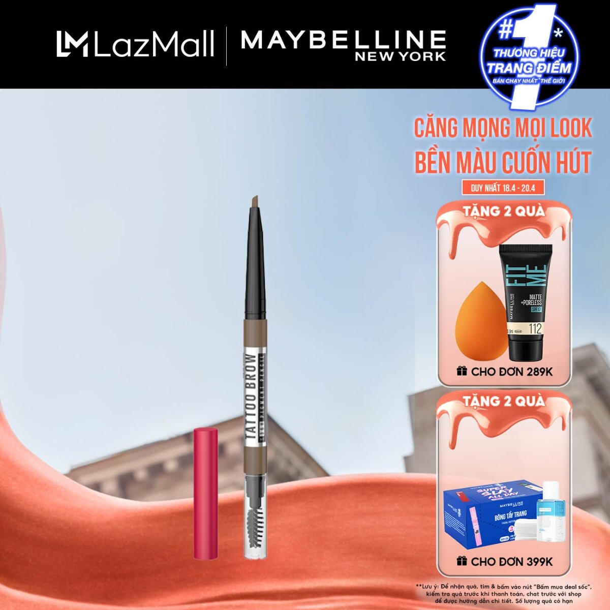 Chì Kẻ Mày 36H Lâu Trôi, Kháng Nước, Dễ Kẻ, Chuẩn Màu Tattoo Brow Maybelline New York Pigmented Pencil 0.2g