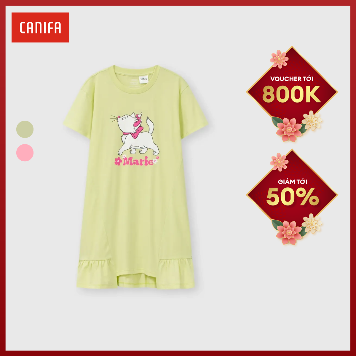 Váy liền bé gái CANIFA cotton USA cộc tay in hình Marie 1DS23W003