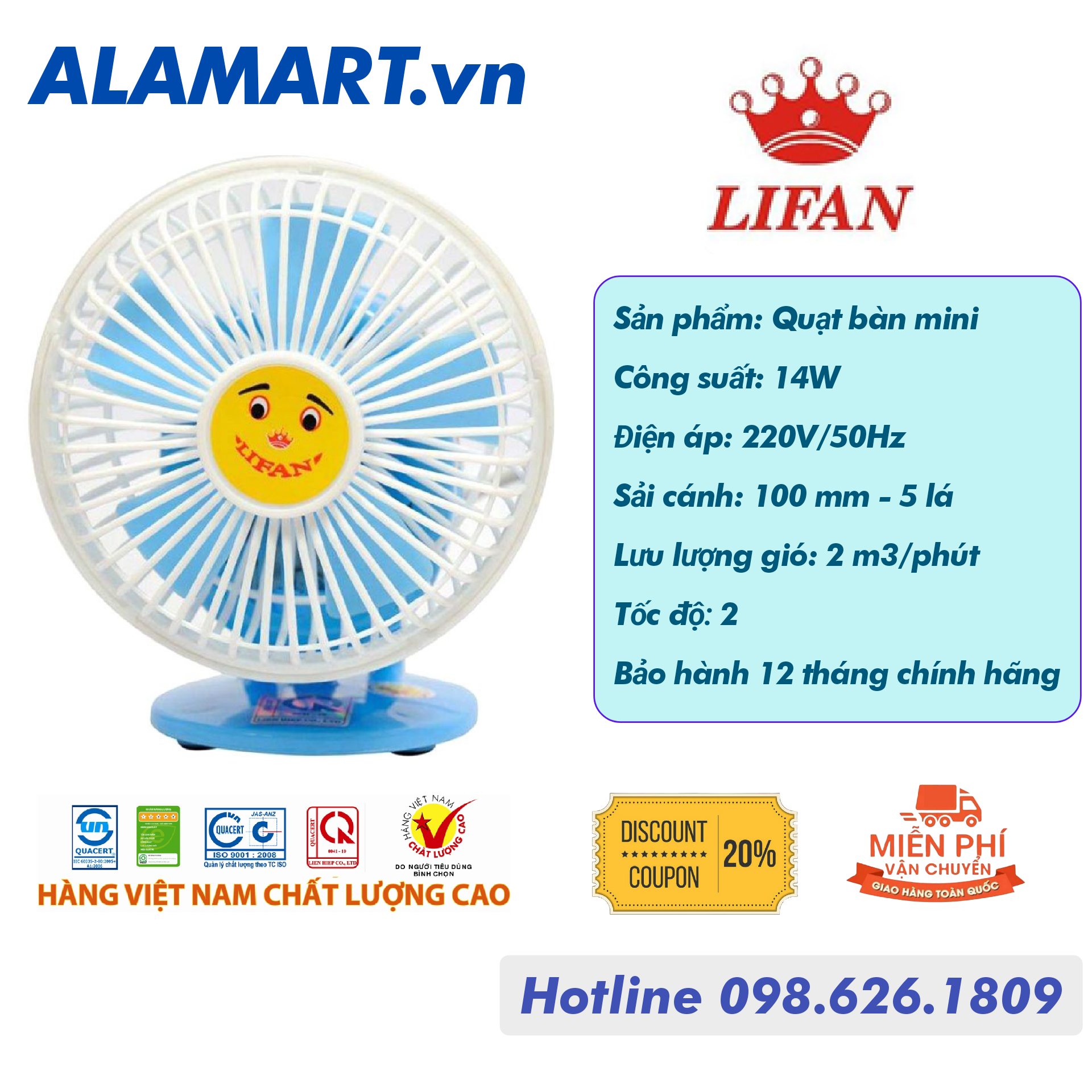Quạt bàn mini Lifan GN-4 xanh dương (14W)