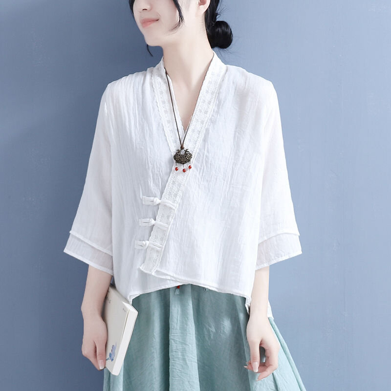 Xả Kho Nhặt Rò Rỉ Trung Tâm Mua Sắm Xuất Khẩu Ngoại Thương Hàng Chuyên Quầy Cắt Mác Áo Phong Cách Trung Quốc Thương Hiệu Lớn Áo Sơ Mi Tay Có Nút Cài Vải Lanh Cotton