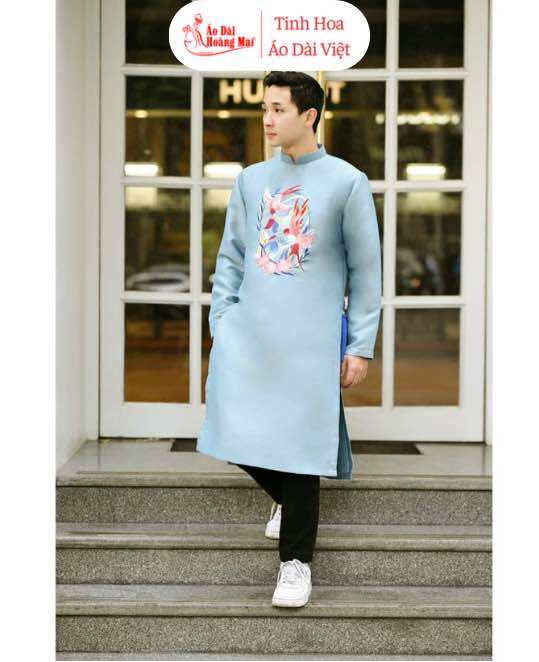 Áo dài cách tân Nam màu xanh dương vải dạ xước cao cấp {48-105kg} - Áo Dài Hoàng Mai