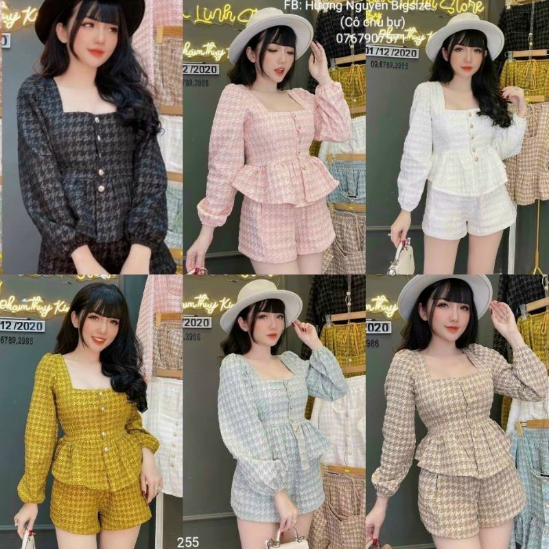 55-90kg bigsize set peplum tay dài cổ vuông