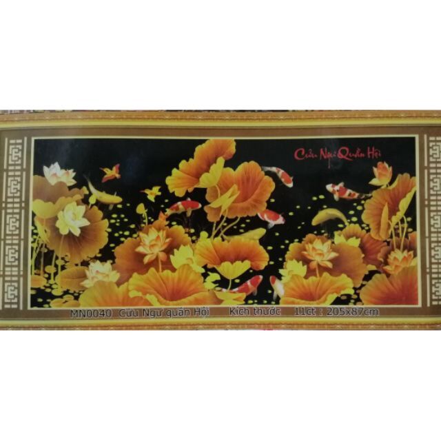Tranh thêu chữ thập cửu ngư quần hội kt 205x87 cm thêu kín