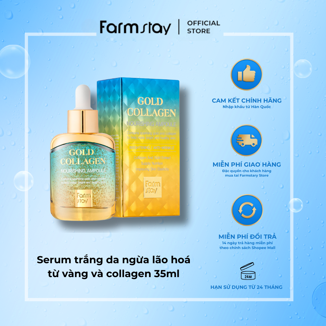 Serum trắng da ngừa lão hoá từ vàng và collagen - Farmstay Gold Collagen Nourishing Ampoule 35ml