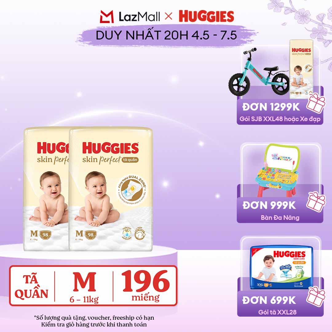 [CHỈ 20h 04-07.05 QUÀ TẶNG ĐH 699K]  Combo 2 Tã quần Huggies Skin Perfect M size Mega Jumbo 98+4 miếng