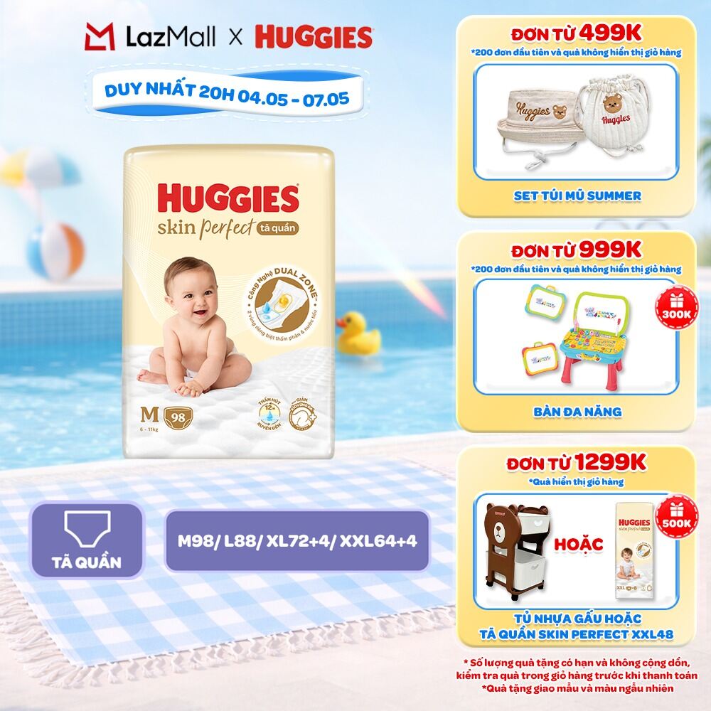 Tã quần Huggies Skin Perfect Mega Jumbo M98/L88/XL72+4/XXL64+4 miếng với 2 vùng thấm giảm kích ứng da