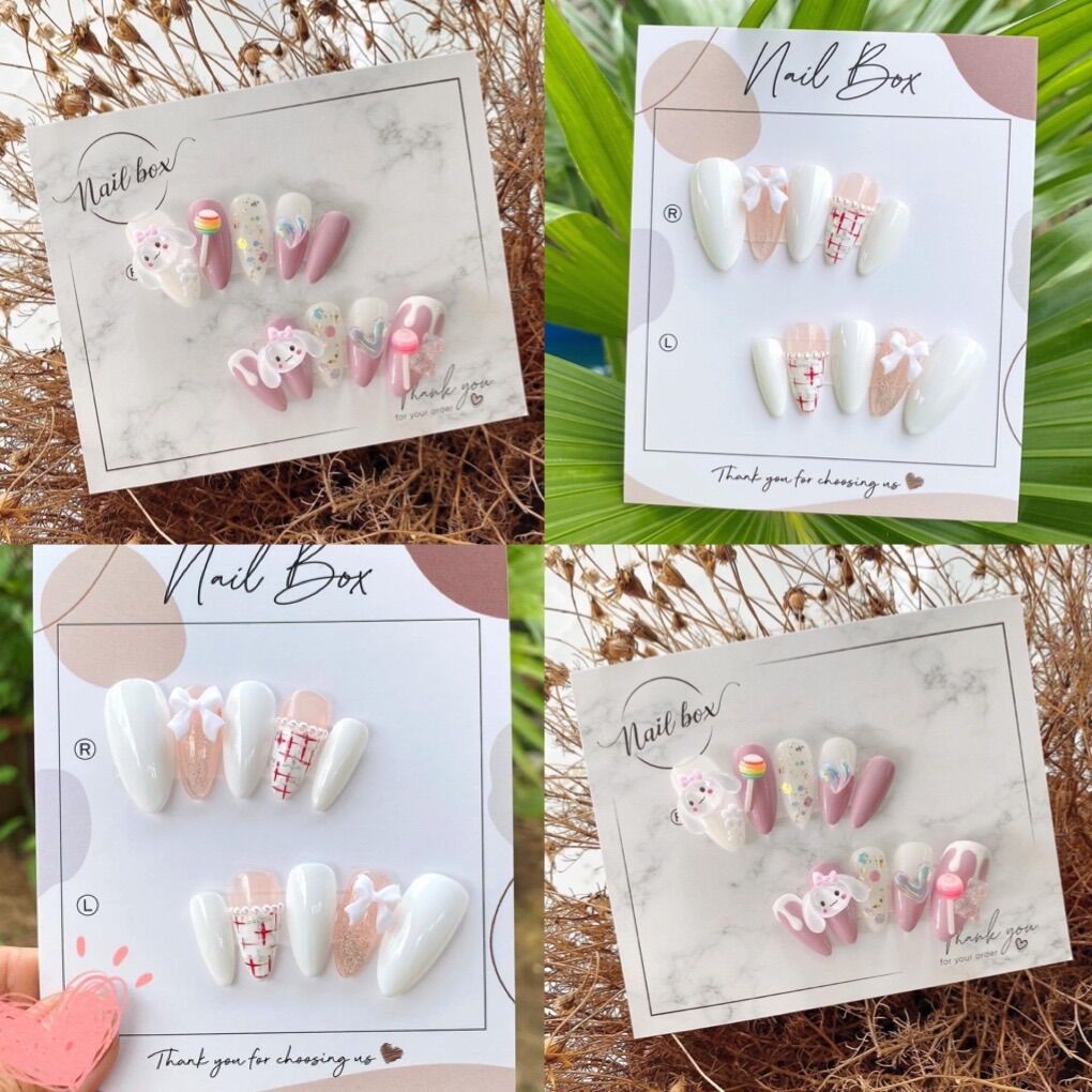 Móng úp giả gắn charm thỏ và đính nơ