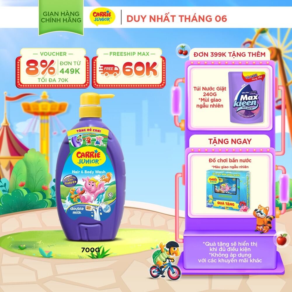 [Tặng Kèm Súng Bắn Nước] Sữa Tắm Gội cho bé Carrie Junior Hương Nho/Dưa lưới/Cherry/Mơ tây/Tinh chất sữa/Táo 700g