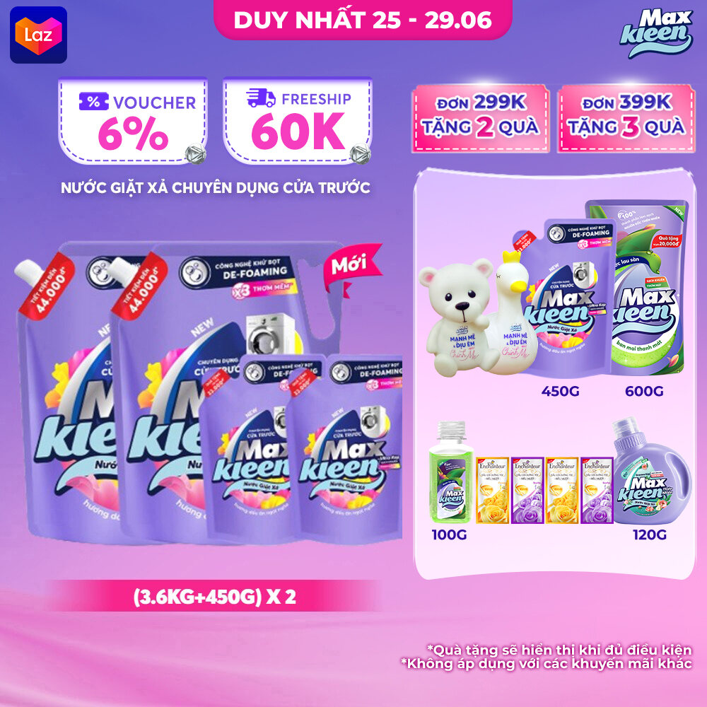 [Tặng Kèm 2 Túi 450g + 2 GIFT] Combo 2 Nước giặt cho máy giặt cửa trước MaxKleen hương Dấu Ấn Ngọt Ngào 3.6kg