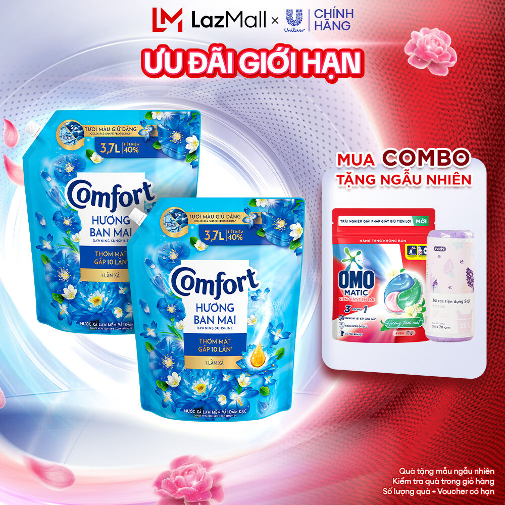 Combo 2 Nước Xả Vải Comfort Hương Ban Mai Thơm Mát Gấp 10 Lần Túi 3.7L (bao bì tùy lô nhập hàng)