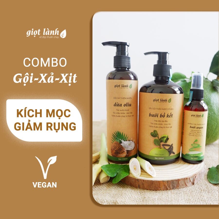 Dầu gội bồ kết - Xịt tóc tinh dầu bưởi - Dầu xả dừa oliu kích mọc tóc, giảm gãy rụng Giọt Lành