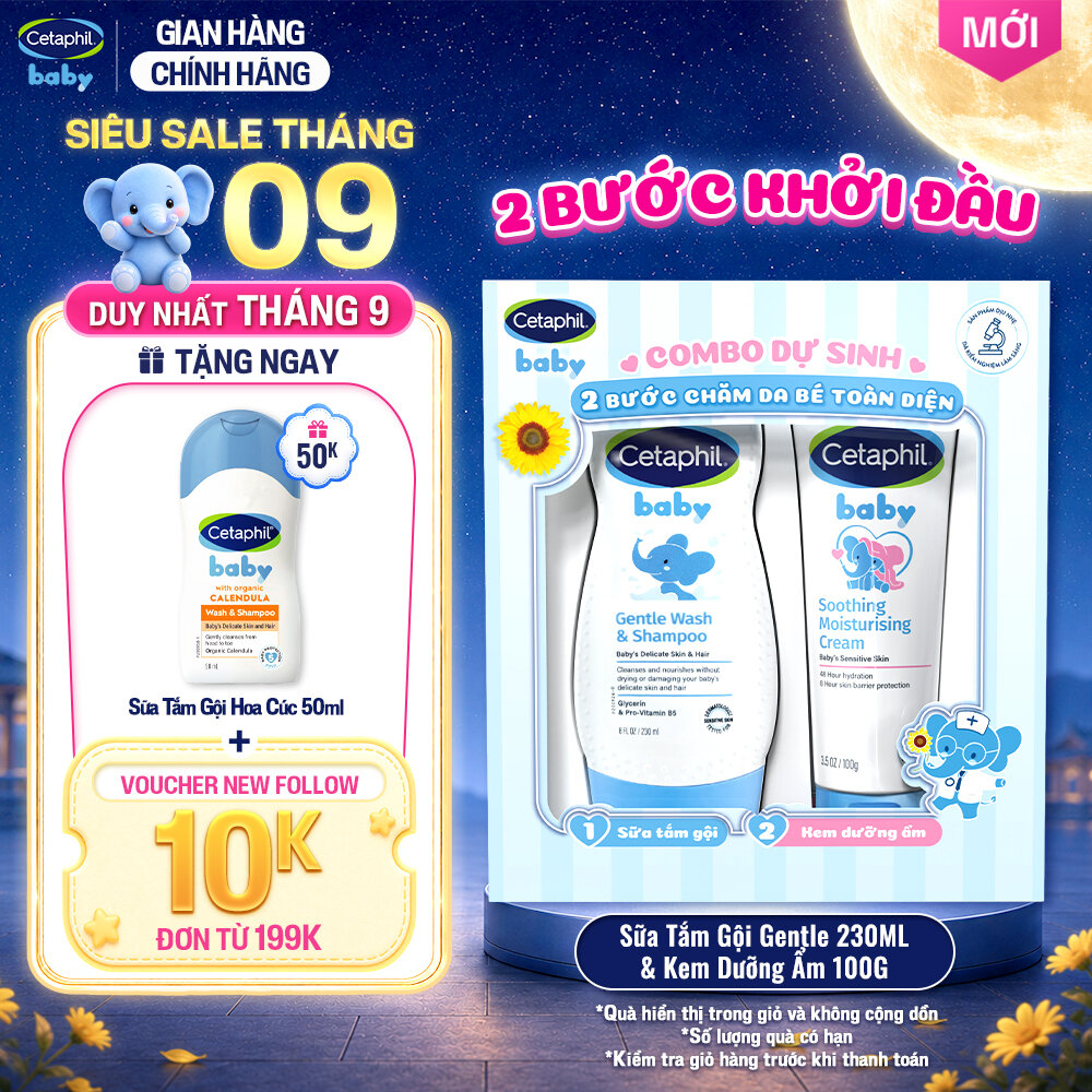 [COMBO DỰ SINH] Sữa tắm gội dịu lành cho bé CETAPHIL BABY GENTLE 230ML  Kem dưỡng ẩm và làm dịu đa năng cho bé 100G