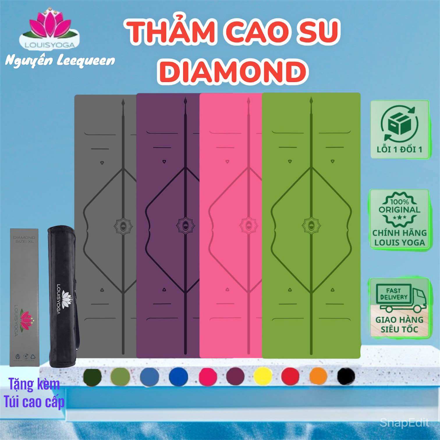 Thảm tập yoga cao su cao cấp LOUIS DIAMOND chống trơn trượt - tặng kèm túi cao cấp